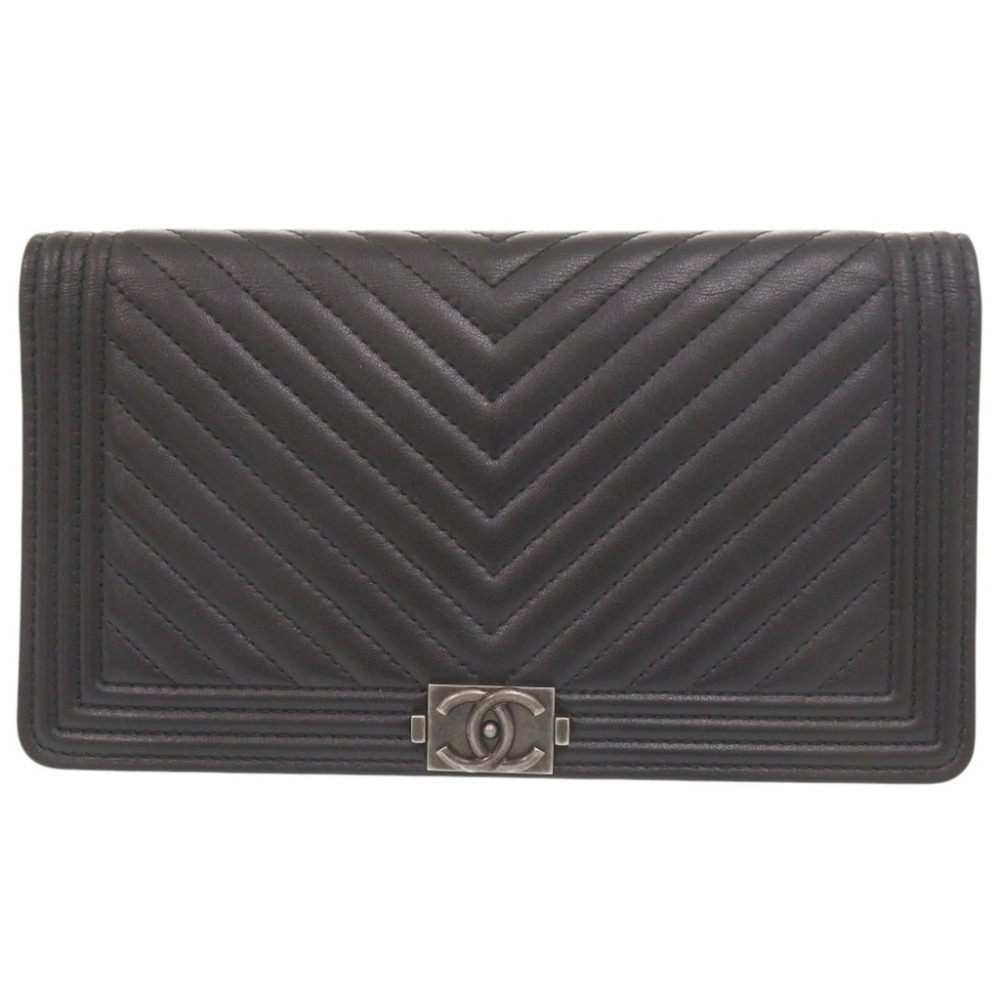 CHANEL Black Lambskin Leather Logo Wallet